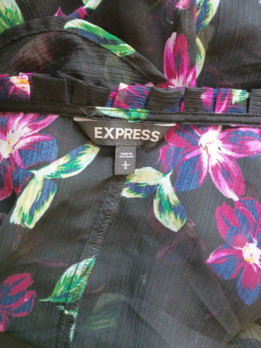 Express Black Sheer Floral Button Down Midi Dress with Pink and Green Print - Picture 7 of 7